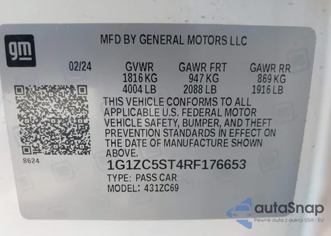 2024 Chevrolet Malibu Fwd 1Fl из США, поврежденный, VIN 1G1ZC5ST4RF176653